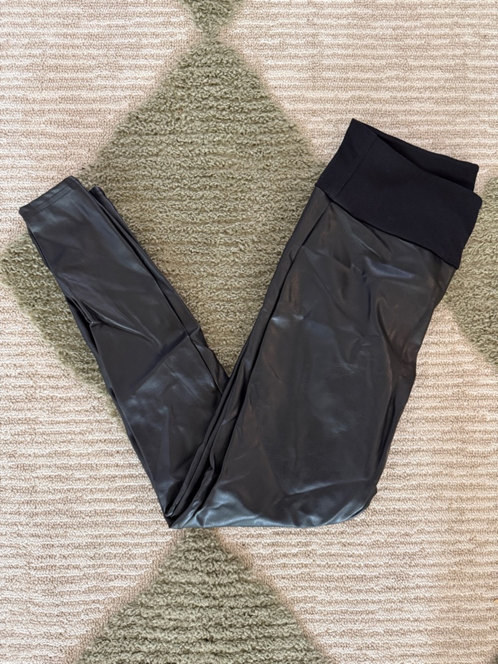 Assets By Spanx Black Faux Leather Leggings with Fold-Over Waistband